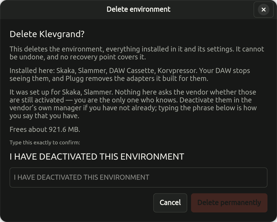 Plugg's Delete environment dialog for Klevgrand. It lists the installed plug-ins and asks you to type I HAVE DEACTIVATED THIS ENVIRONMENT to confirm.