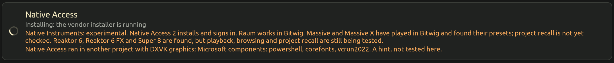 Plugg installing Native Access, with the tested notes for Native Instruments and another project's findings shown in orange below the progress line.