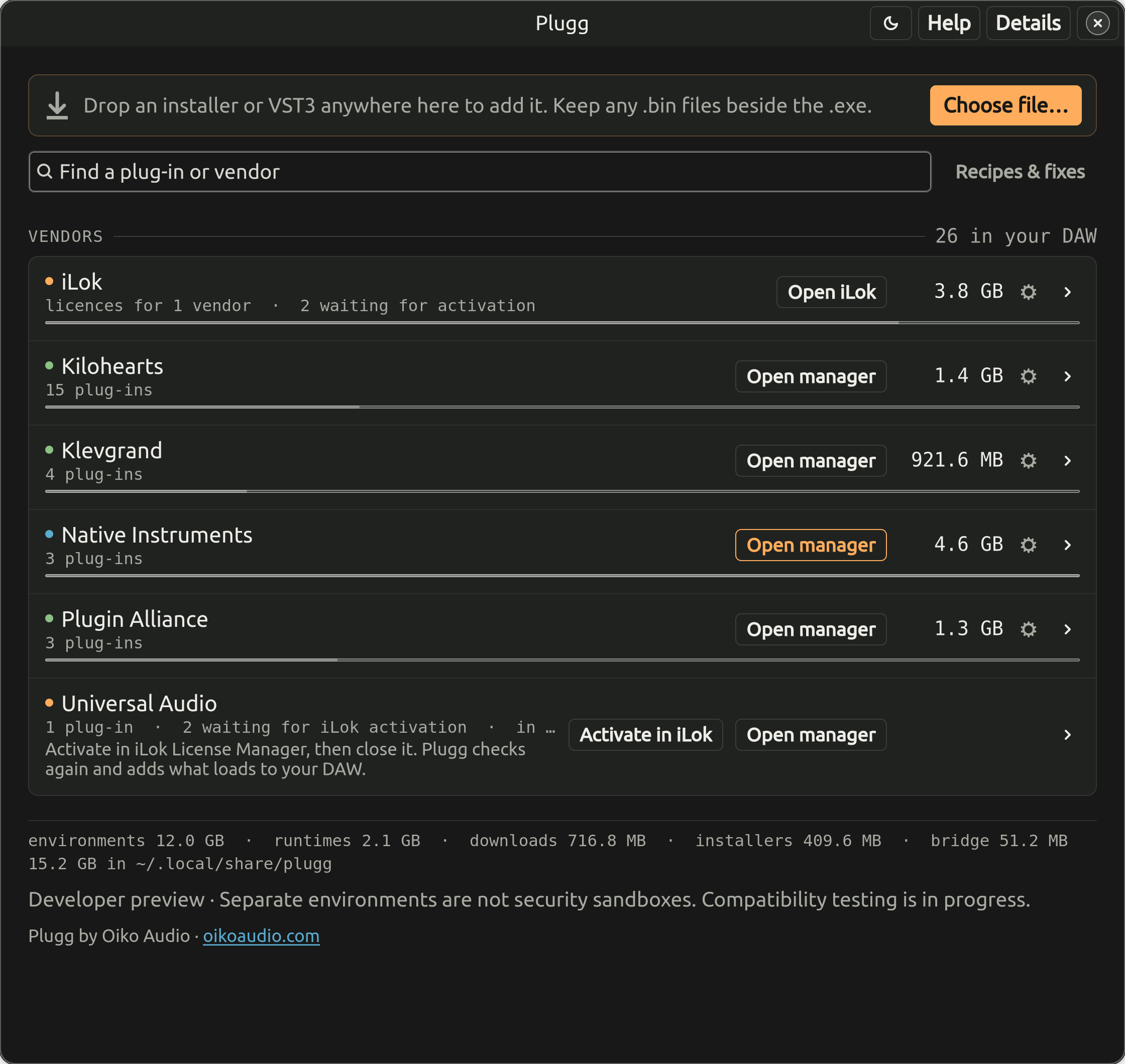 Plugg's vendor list in the dark theme with larger text and high contrast.