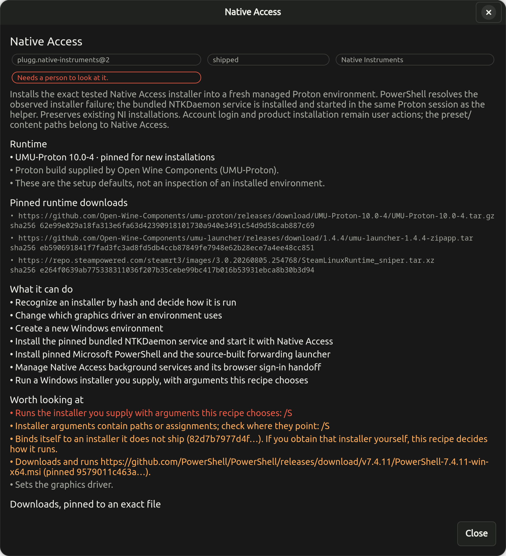 Plugg explaining the Native Instruments recipe: its runtime, pinned downloads with SHA-256 hashes, what it can do, and a list of points worth looking at.